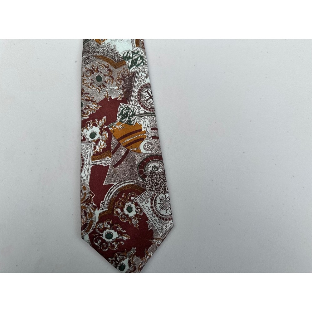 Obolisi Mens Silk Tie Burgundy Gold Baroque Ornate Graphic Print Wide 56x4